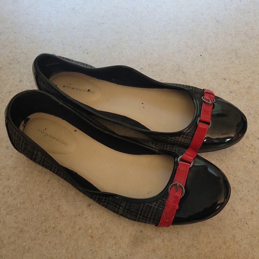 Black Patent Plaid Ballet Flats Womens 9.5 Red Buckle Mary Jane Preppy Y2K